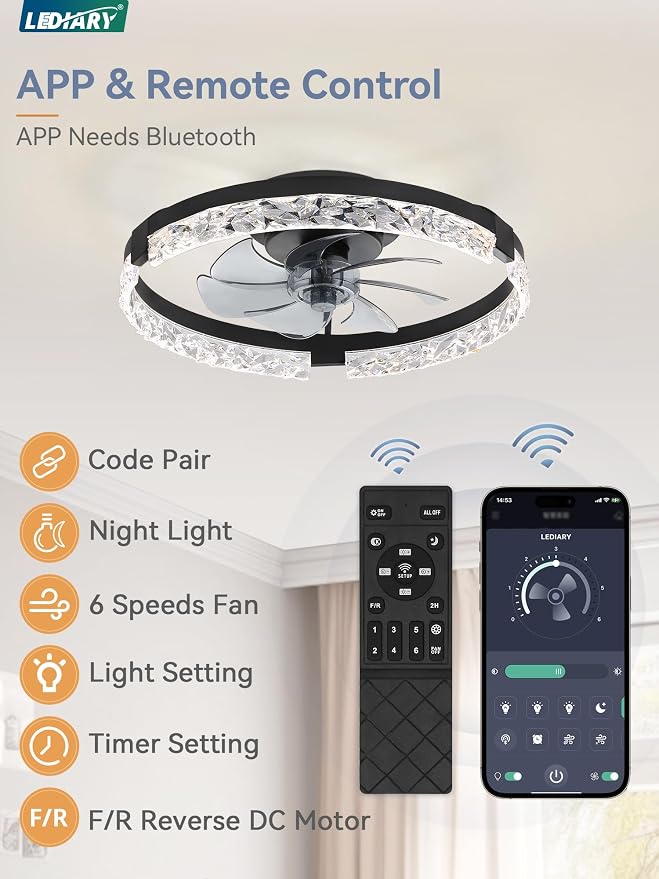 LEDIARY 20 Inch Low Profile Ceiling Fans with Lights and Remote, Fandelier Ceiling Fan Flush Mount, 3000K-6000K Dimmable LED Fan Light, Black Modern Ceiling Fans with Lights for Bedroom