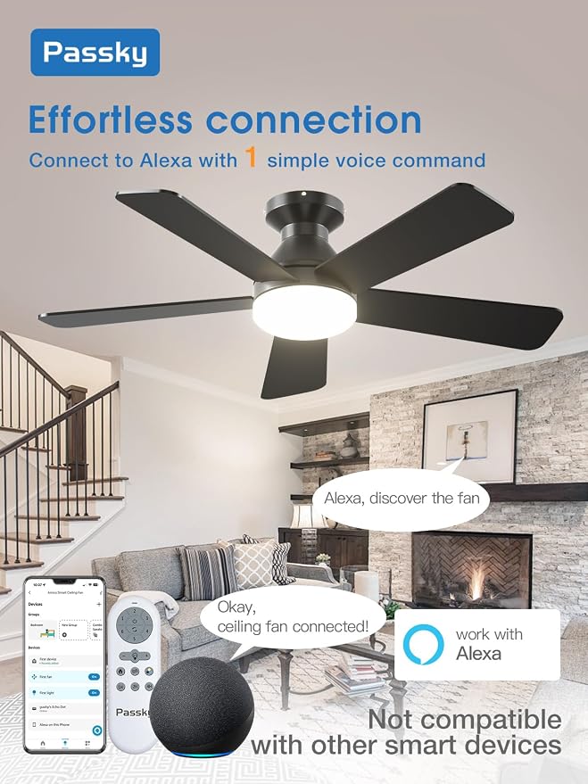 Passky Ceiling Fans with Lights, 42 Inch Smart Ceiling Fan with Remote/APP/Alexa Voice Control, Flush Mount, 3CCT, Reversible, Dimmable, Quiet, Small Sleek Ceiling Fan for Bedroom, Living Room, Black
