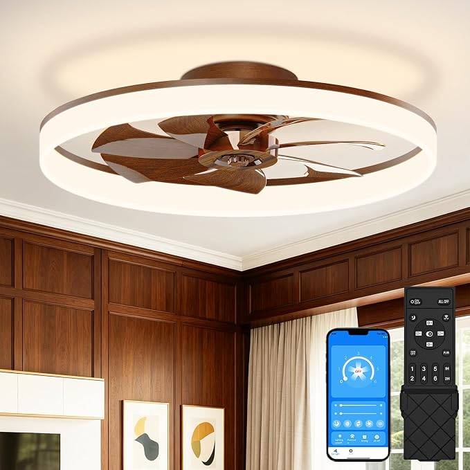 VOLISUN Low Profile Ceiling Fans with Lights and Remote, 24in Fandelier Ceiling Fan Flush Mount, 3000K-6500K Smart Bladeless LED Fan Light, Farmhouse Ceiling Fans with Lights for Bedroom(Wood)