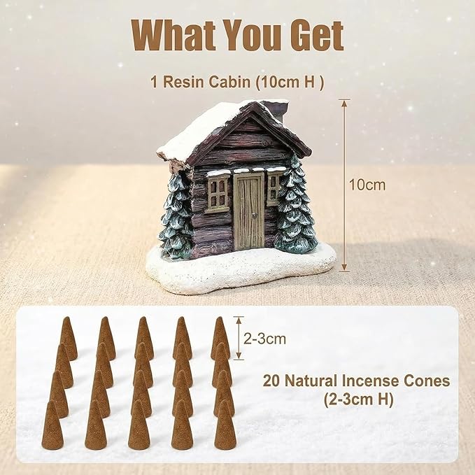 Lovely Log Cabin Incense Burner, Mini Snowy Winter Chimney Cottage Ash Catcher, Yoga Accessories Meditation Accessories, Home Chimney Decorations, 20 Pcs Handmade Incense Cones