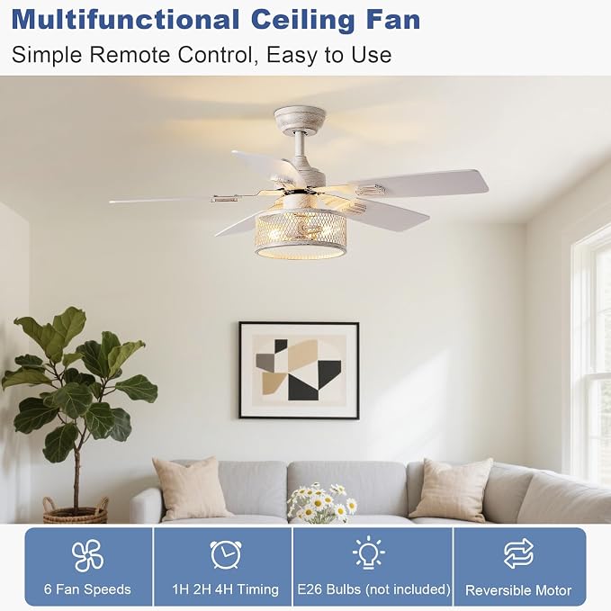 Depuley 42-Inch Ceiling Fans with Lights: Caged Ceiling Fans Dual Finish 5 Blades - Rustic Ceiling Fan with Remote Control for Farmhouse Living Room Outdoor Porch Noiseless (White Grey)