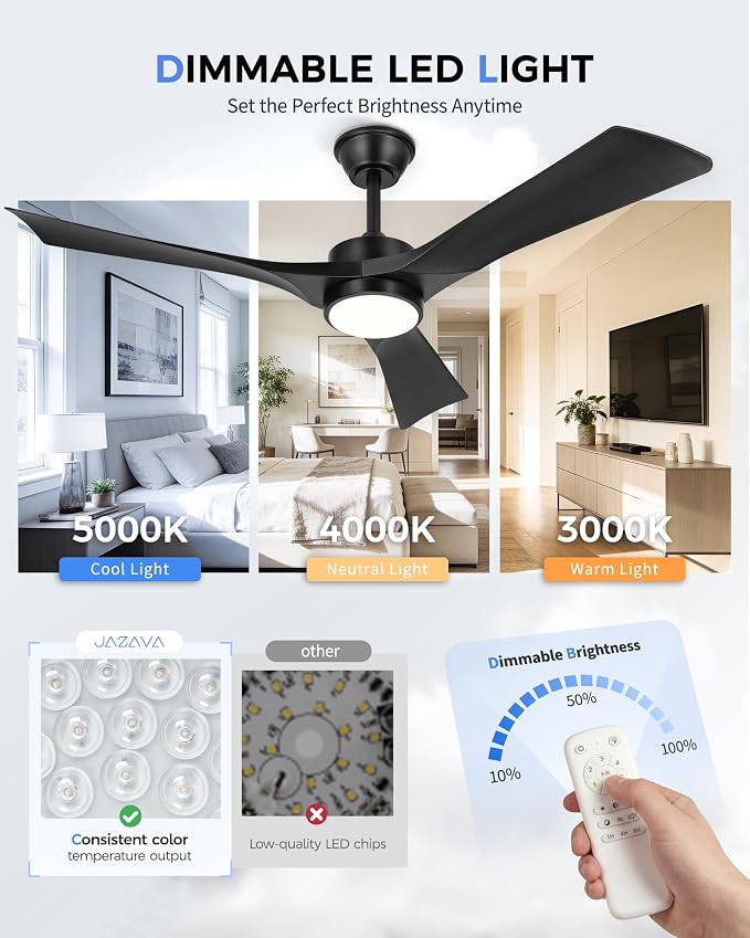 52" Ceiling Fan with Light & Remote, Black, ZCCF08BK-52 | Coastal-grade finish, remote, 6 speeds, 3CCT dimmable LED and quiet reversible DC motor for living rooms and covered patios