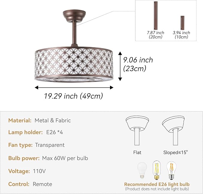 Brown Fandelier Ceiling Fan with Light, 20" Caged Brown Chandelier Ceiling Fans with Lights Remote Control, Fabric Mid-Century Modern with 6 Speeds for Bedroom, Nursery, Living Room.