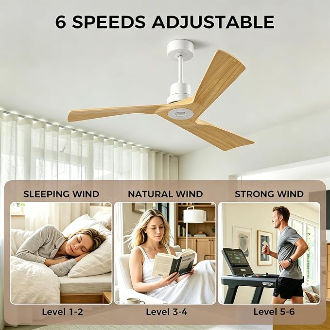 Obabala Ceiling Fan 52 Inch with Remote, Solid Wood Blades DC Motor 5000 CFM Quiet 35dB, Reversible 6 Speed Modern Farmhouse for Bedroom Living Room Indoor Outdoor, No Light with Downrod