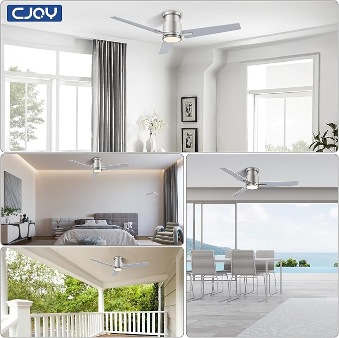 CJOY Ceiling Fan with Lights, 48 Inch Low Profile Ceiling Fans with Light and Remote, Reversible DC, Flush Mount, 3CCT，Dimmable, Modern Indoor/Outdoor Design for Bedroom, Living Room, Patio, Kitchen