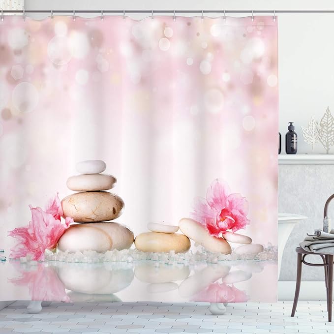 Ambesonne Spa Shower Curtain, Bohemian Stones and Soft Petals Therapy Tradition Yoga Picture, Cloth Fabric Bathroom Decor Set with Hooks, 69" W x 84" L, Pale Pink Peach