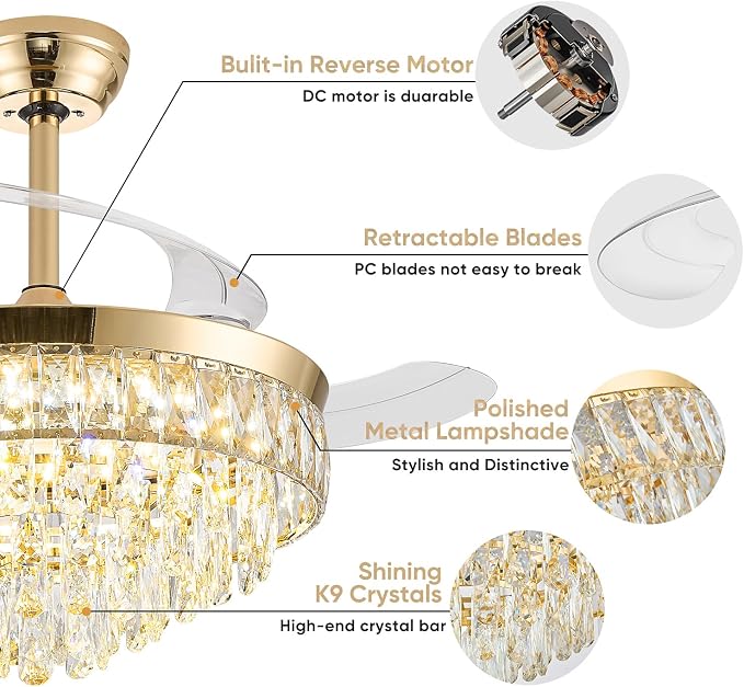 42'' Chandelier Ceiling Fan with Lights, Retractable Fan with Remote and APP, Crystal Fandelier Ceiling Fan, Dimmable LED, Reversible Motor, Quiet for Bedroom Living Room-Gold