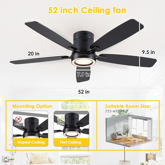 52 Inch Modern Ceiling Fans with Lights Flush Mount Indoor, Black | Low Profile, Dimmable LED, Reversible, Quiet DC Motor, Wooden Blades, for Modern Apartment Bedroom Home Office Living Room