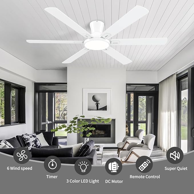 60 Inch White Ceiling Fans with Lights and Remote, Flush Mount Low Profile 6 Blades Ceiling Fan, Quiet Reversible DC Motor for Living Room, Bedroom and Patio