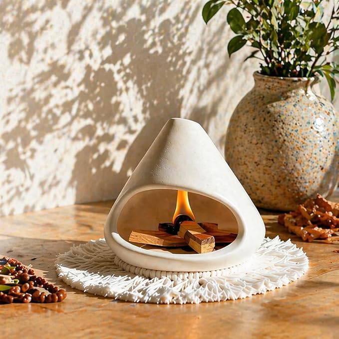 Ceramic Palo Santo Holder Burner,Incense Cone Holder,Mini Chiminea for Palo Santo Sticks and Sage Burner,with Handmade Heat Insulated Mat,Dust Brush,Metal Tweezer. (White)