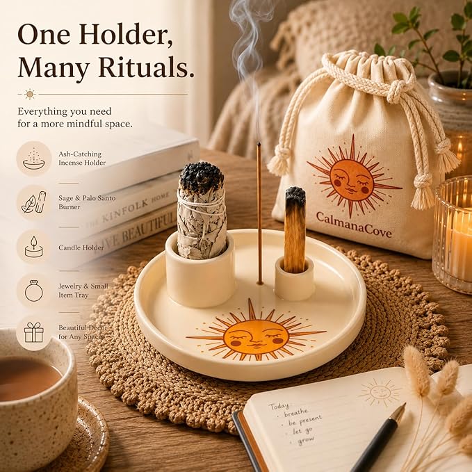 Incense & Palo Santo Holder – 6.5'' Ceramic Sage Burner for Sticks, Bundles, Cones, Candle & Tealight with Ash Catcher – Jewelry Tray, Smudge Pot, Home Décor, Meditation Gift (Golden Sun)