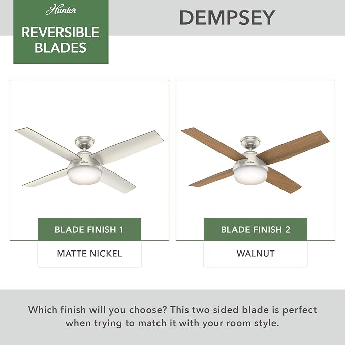 Hunter Dempsey, Outdoor or Indoor, Ceiling Fan, 52 inch, Matte Nickel