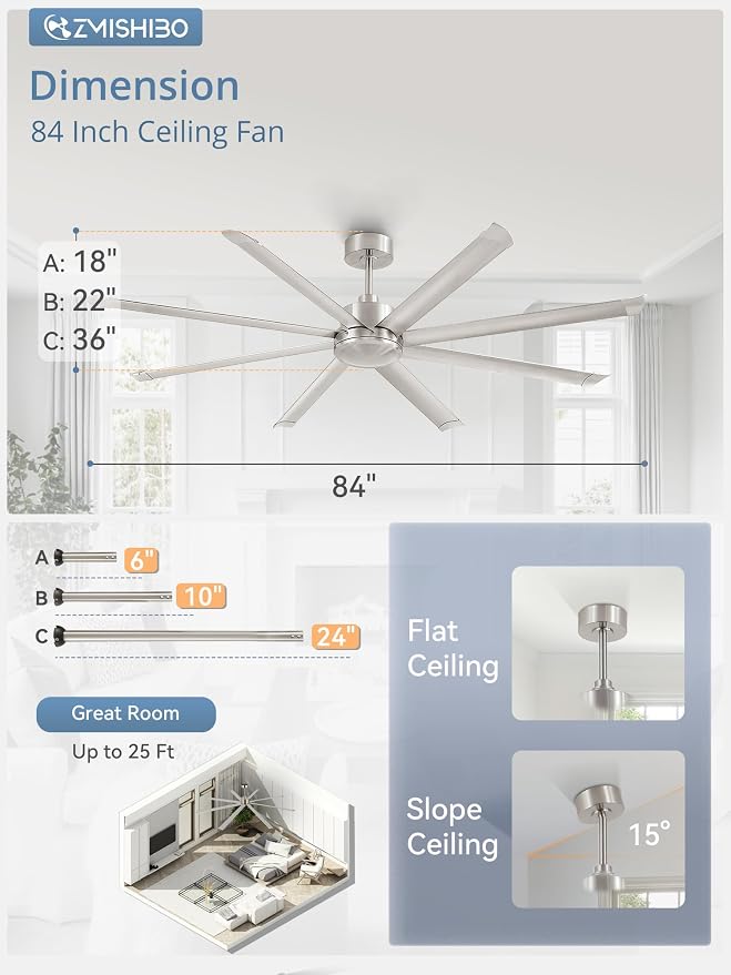 ZMISHIBO 84" Large Industrial Ceiling Fans No light with Aluminum 8 Blades, Commercial Ceiling Fan without Light, Quiet DC Motor, 6 Speeds, Indoor Outdoor Ceiling Fan for Patio, Garage, Shop,Nickel
