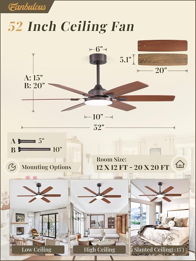 Fanbulous 52 Inch Ceiling Fans with Lights, Indoor/Outdoor Modern Ceiling Fan with Reversible Blade And 2 Rods, Quiet DC Motor, 3CCT & 6-Speed Remote Control, Dual Finish Blade for Living Room/Bedroom
