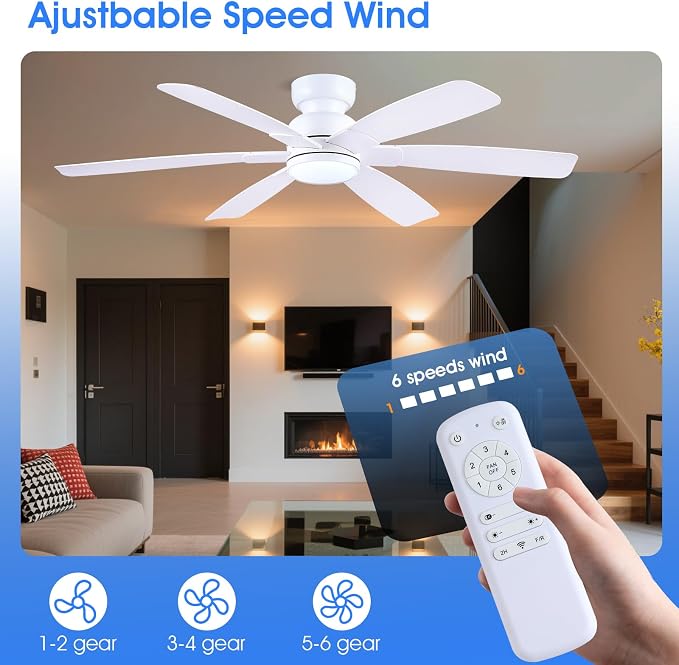 Kviflon 52 Inch Modern Ceiling Fans with Lights Remote Control, Low Profile Flush Mount, 6 Reversible Plastic Blades, 6 Speeds, 3CCT Dimmable LED Lights for Bedroom Kids Room, White