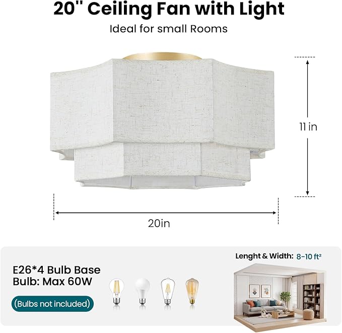 Boho Ceiling Fan with Light, 20'' Flush Mount Caged Ceiling Fan with Light Remote Control, Linen Fabric Low Profile Fandelier with 6 Speeds for Bedroom, Living Room