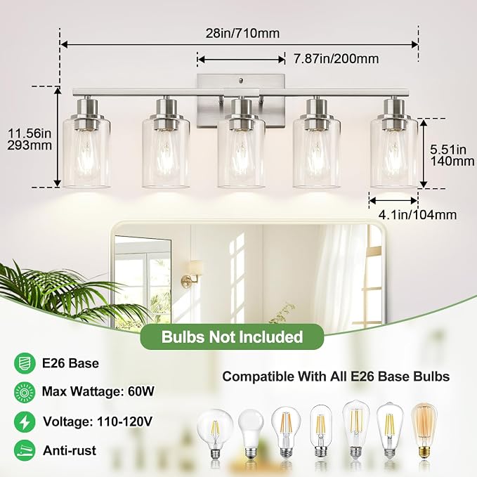 Indoi 5-Light Bathroom Light Fixtures, Brushed Nickel Modern Vanity Lights with Clear Glass Shades, Bathroom Wall Lamp for Mirror Living Room Cabinet Bedroom Porch