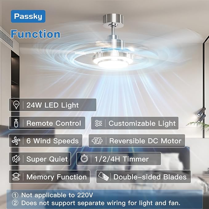 Passky Ceiling Fans with Lights, 52 inch Modern Ceiling Fan with Light and Remote Control, 3CCT, Dimmable, Reversible, Noiseless, Silver Ceiling Fan for Bedroom, Living Room