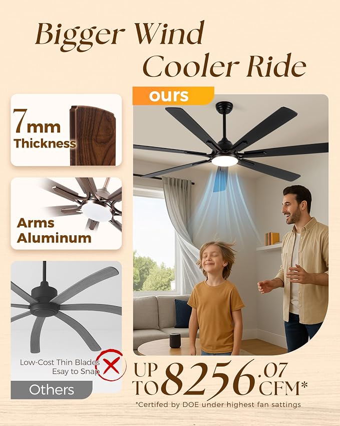 72Inch Smart Ceiling Fan with Alexa APP,Large Black Ceiling Fan with Light,6 Speed,3CCT,Dual Finish 7 Blades,Quiet DC Motor Outdoor Fan for Patio,Big Living Room