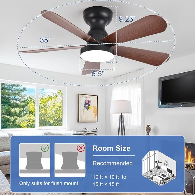 Depuley Small Ceiling Fan with Lights: 35-Inch Flush Mount Fan with Light and Remote - Low Profile Ceiling Fans Reversible Quiet DC Motor for Bedroom Living Room Indoor Outdoor, Walnut