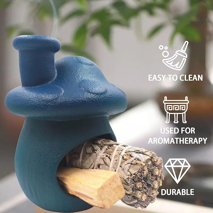 Palo Santo Holder and Sage Burner,Ceramic Mushroom Incense Cone Burner,Mini Chiminea Sage Ash Catcher, Smudge Bowl for Yoga Meditation Home Decor,Blue