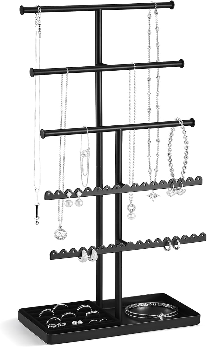 Lolalet 5-Tier Jewelry Organizer Stand, Metal Jewellery Holder, Dresser Display Rack for Necklace Earring Bracelets Rings, Gift for Women Girls -Black