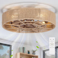 SHLUCE 22" Rattan Boho Caged Ceiling Fan with Light, Flush Mount Low Profile Ceiling Fan with Light, Rustic Large Bladeless Ceiling Fans with Lights and Remote for Bedroom, Living Room, Kitchen - ETL