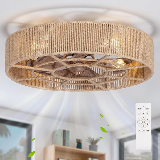 SHLUCE 22" Rattan Boho Caged Ceiling Fan with Light, Flush Mount Low Profile Ceiling Fan with Light, Rustic Large Bladeless Ceiling Fans with Lights and Remote for Bedroom, Living Room, Kitchen - ETL