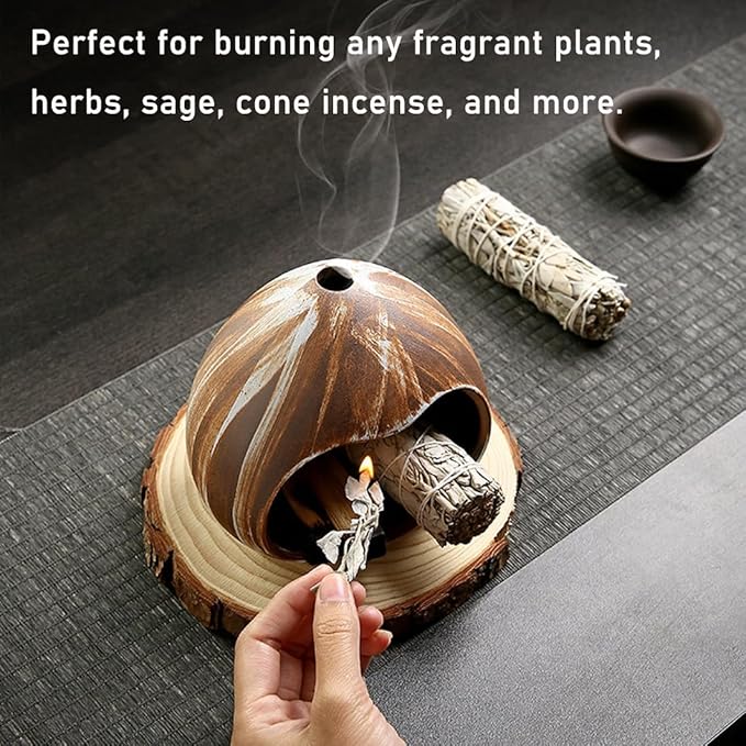 Ceramic Incense Holder, Mini Palo Santo Burner Chimney for Palo Santo Sticks, Cone Incense and Sage Smudging, Handmade Cone Incense Holder Burner for Yoga, Meditation, and Energy Cleansing (Brown 01)