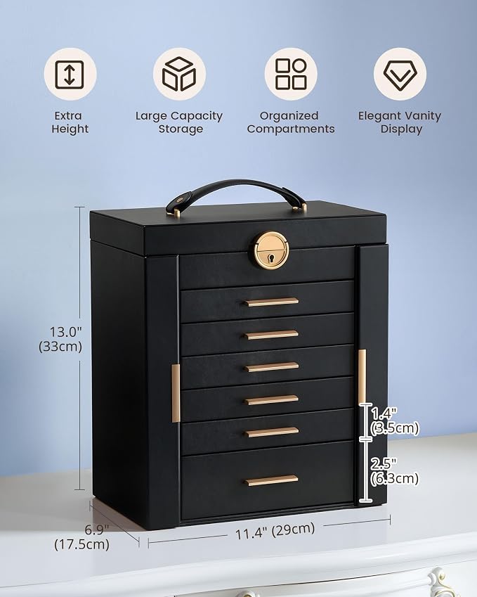 Lolalet Large Jewelry Box Organizer for Women, 7-Layer Jewelry Organizers and Storage Case with Mirror & 6 Drawers, Lockable Watch Ring Earring Bracelet Necklace Holder Girls Gift -7Layer, Black