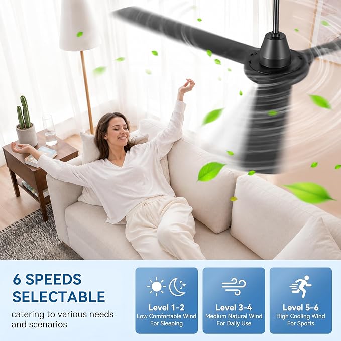 56" Ceiling Fans with Lights,Low Profile Ceiling Fan with Lights and Remote Control,Smart Ceiling Fan,Noiseless Reversible DC Motor,3 Blade Black Ceiling Fans,Ceiling Fan for Indoor/Outdoor