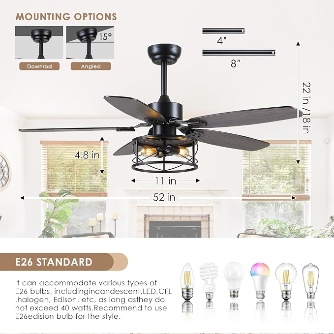 Hounberi 52 Inch Farmhouse Ceiling Fan with Light and Remote Control | 5 Dual Finish Blades, 6 Speeds, Quiet, Reversible DC Motor, Black Industrial Caged Ceiling Fan for Bedroom, Living Room