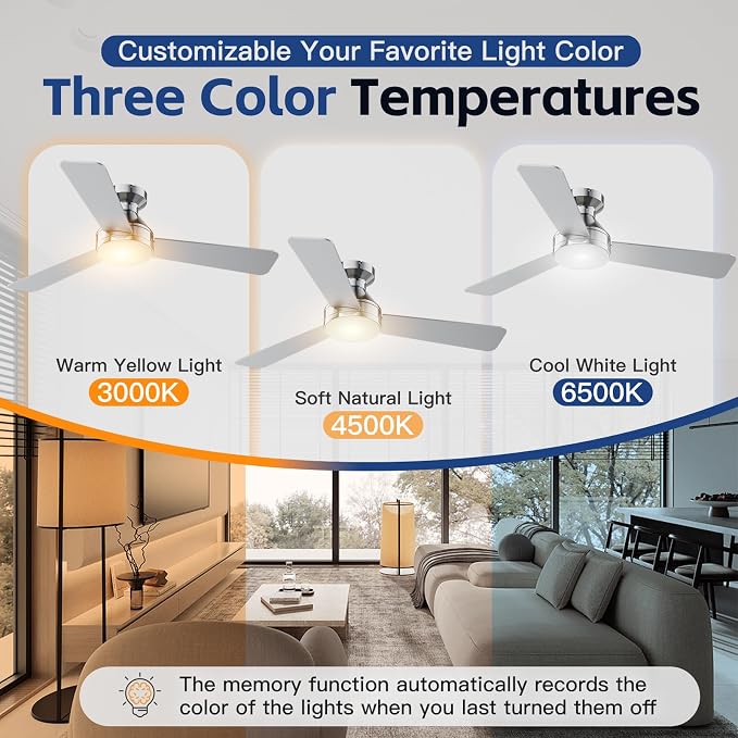 Ceiling Fans with Lights, 42 Inch Ceiling Fan with Light And Remote, 3CCT Flush Moun Low Profile Ceiling Fans, 6 Speed Noiseless LED Ceiling Fan, Advanced Nickel Ceilings Fan for Bedroom Living Room