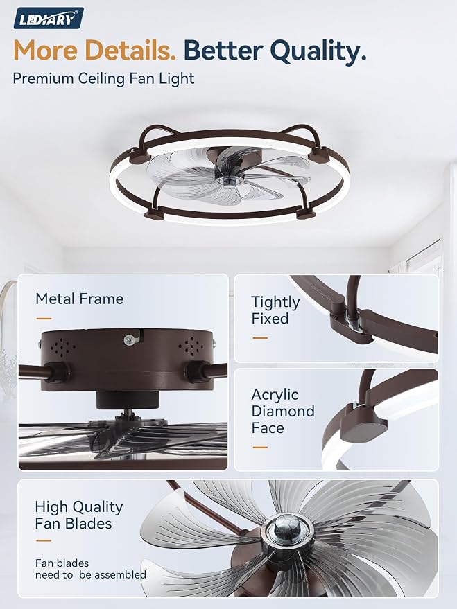 LEDIARY Ceiling Fans with Lights and Remote, Low Profile fan Light, Brown | 24 Inch 3000K-6000K Stepless Dimmable Fandelier, Reversible DC Motor, Remote and APP Control, Bedroom Kitchen Living Room