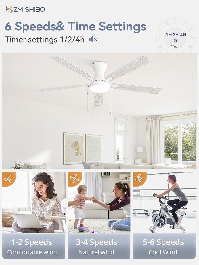 ZMISHIBO Ceiling Fans with Lights, Low Profile Ceiling Fan with Pull Chain and Remote Control, Flush Mount, Reversible, Dimmable, Noiseless, White Pull Cord Ceiling Fan for Bedroom(60inch White)