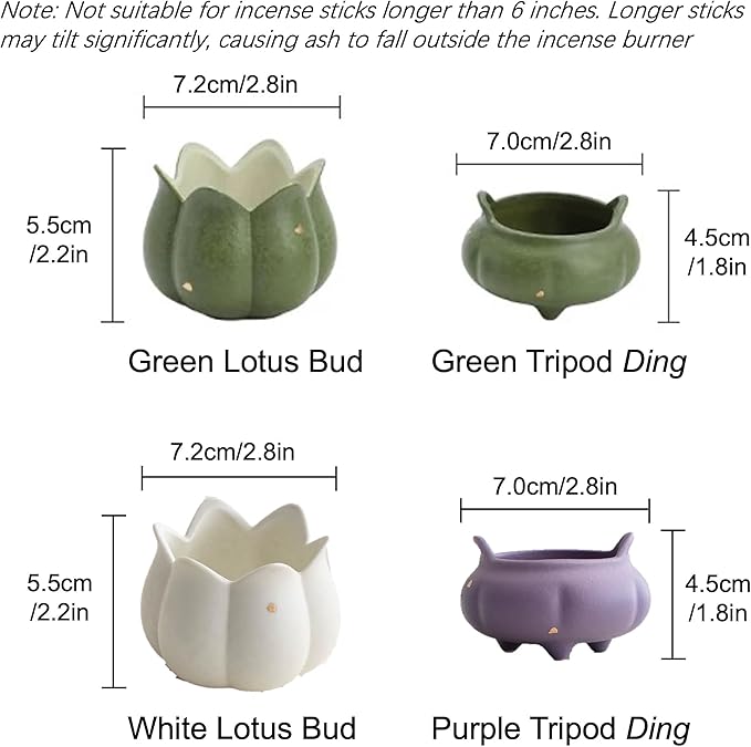 Hermit Life Incense Burner with 9 Holes Stick Holder, Lotus Bud or Tripod Ding Shape Design and Matte Ceramic Surface for Home Décor, Incense Stick Holder with Ash Catcher (Purple Tripod Ding)
