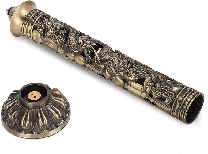 Vertical Incense, Retro Incense Tower Holder Brass Stick Incense Holder Incense with Dragon Phoenix Pattern for Home Office Yoga Meditation, 8.5x7cm/3.3x2.8in