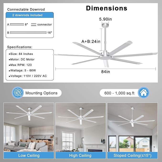 Ohniyou 84'' Industrial Ceiling Fan Without Light for Shop, Garage, Silver | 11000 CFM Airflow, 7 Aluminum Blades, Remote/APP Control, 6 Speeds, Reverse Mode, Large Commercial Metal Fan for Gym