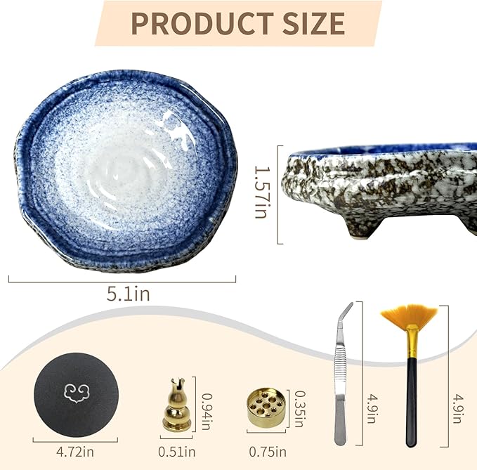 Handmade Ceramic Incense Burner, Ash Catcher for Sticks, 9 Incense Holes Suitable for Most Types, Cones, Palo Santo & Sage, Ideal for Meditation, Incense Smudging, and Home Decor (Blue&White)