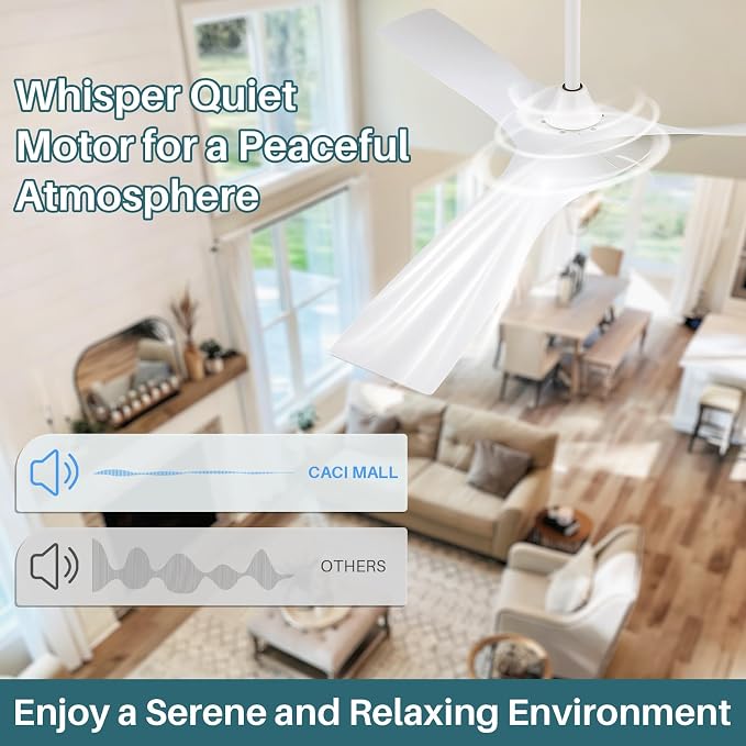 CACI Mall 52 Inch Propeller Ceiling Fan No Light, Remote Control, 6 Speeds Noiseless DC Motor, 3 ABS Blades, Indoor Outdoor Ceiling Fans for Living Room, Bedroom, Patio