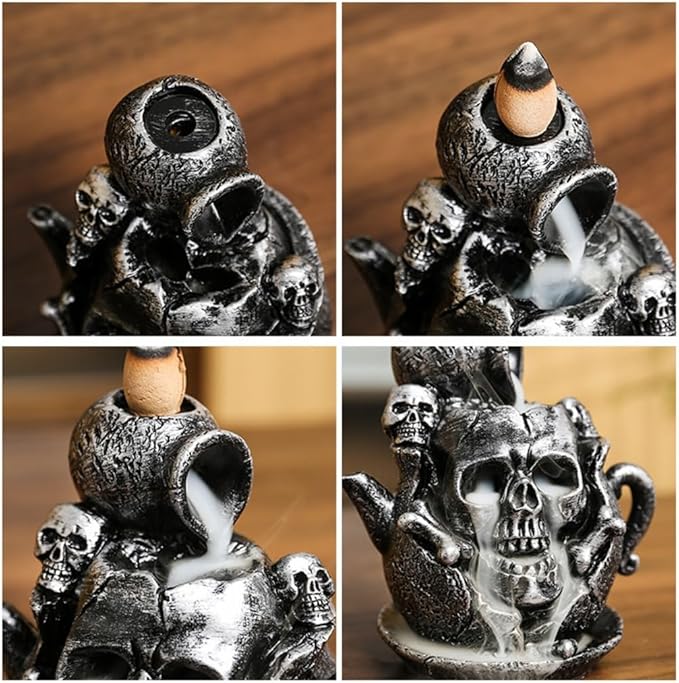 Creative Resin Skull Shaped Incense Burner Teapot Backflow Waterfall Incense Holder Indoor Aromatherapy Burner Handicraft Ornament