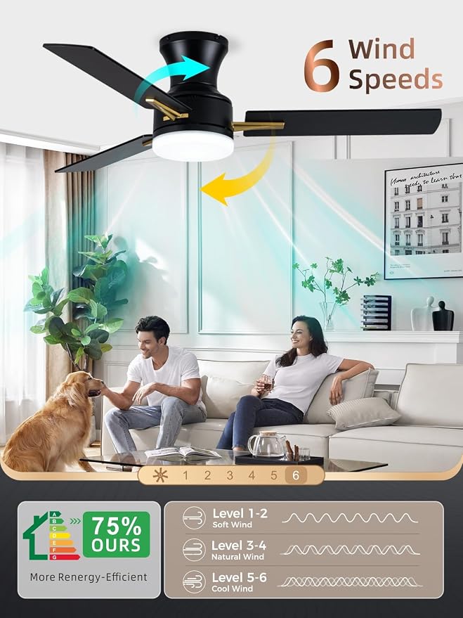 LANMEL 42 Inch Flush Mount Ceiling Fan with Light, App&Remote Control, Low Profile Modern Ceiling Fan, 6 Speed, Reversible, 3000k-6500k Dimmable LED, Quiet DC Motor for Indoor Outdoor, Gold Black