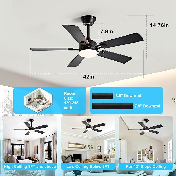 Depuley 42-inch Ceiling Fan with Light: Black Ceiling Fan for Living Room Indoor Outdoor - Modern Ceiling Fan with Remote Control 3CCT Dimmable Noiseless 5 Reversible Walnut Blades 6 Speeds Timer
