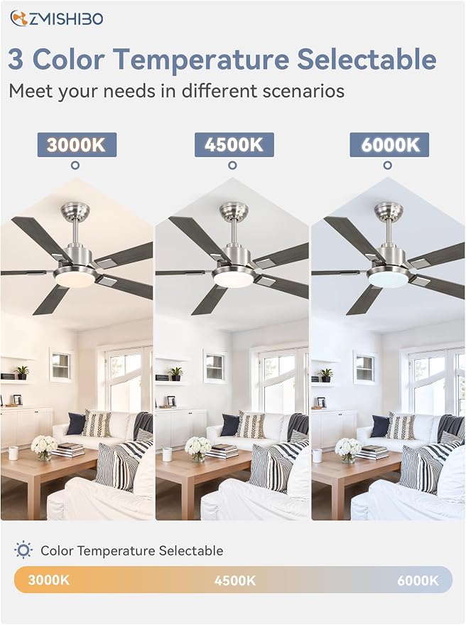 ZMISHIBO 52 inch Brushed Nickel Ceiling Fans with Lights and Remote, Indoor/Outdoor Modern Ceiling Fan for Bedroom Living Room Patio, 6 Speed Reversible Quiet DC Motor, 3 CCT, Dual Finish Blades