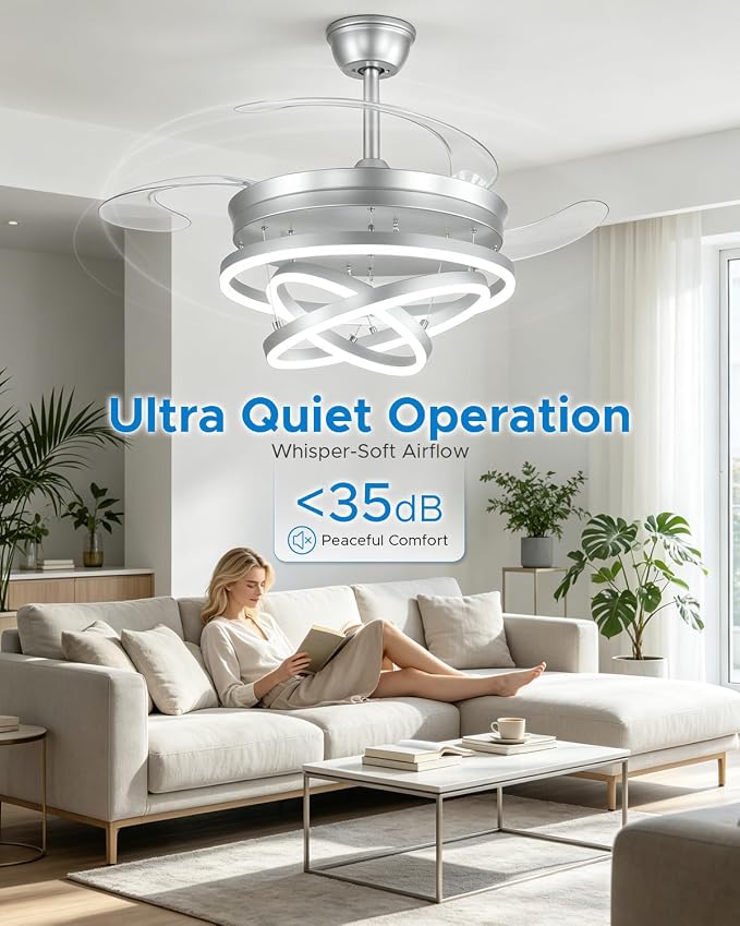 48 Inch Retractable Ceiling Fans with Lights and Remote, Modern Chandelier Fandelier Ceiling Fans, Quiet Reversible DC Motor, 6 Speeds, 3 Color Dimmable LED for Bedroom Living Room (Silver)