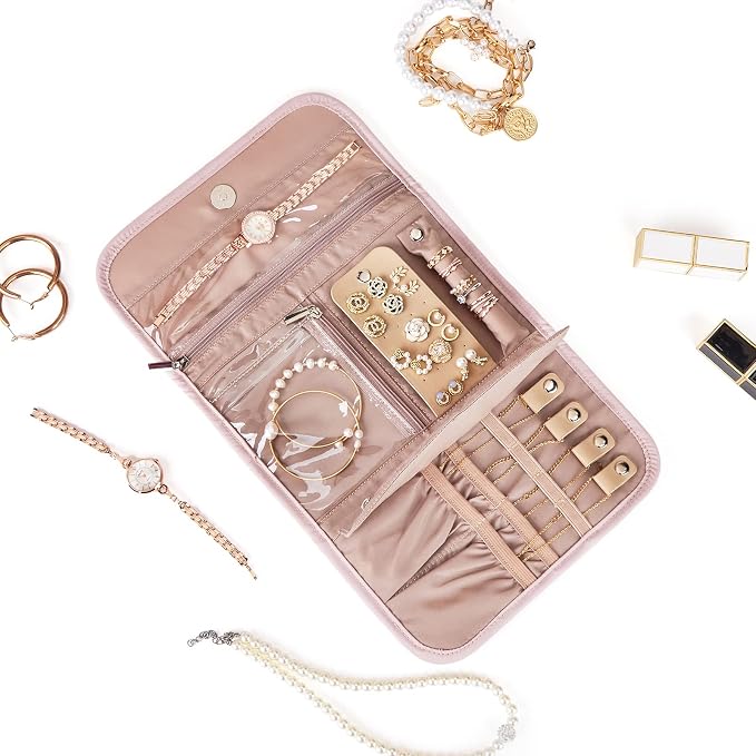 BELALIFE Travel Jewelry Case, Jewelry Organizer Roll for Accessories | Bag with foldable roll design for earrings, necklaces, rings, bracelets and brooches,Pink