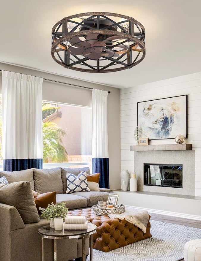 Caged Ceiling Fan with Light and Remote, 20" Low Profile Flush Mount Ceiling Fans with Light, 6 Speed, Timing, Reversible DC Motor, Small Farmhouse Fan Lights for Bedroon Kitchen Living Dining Room