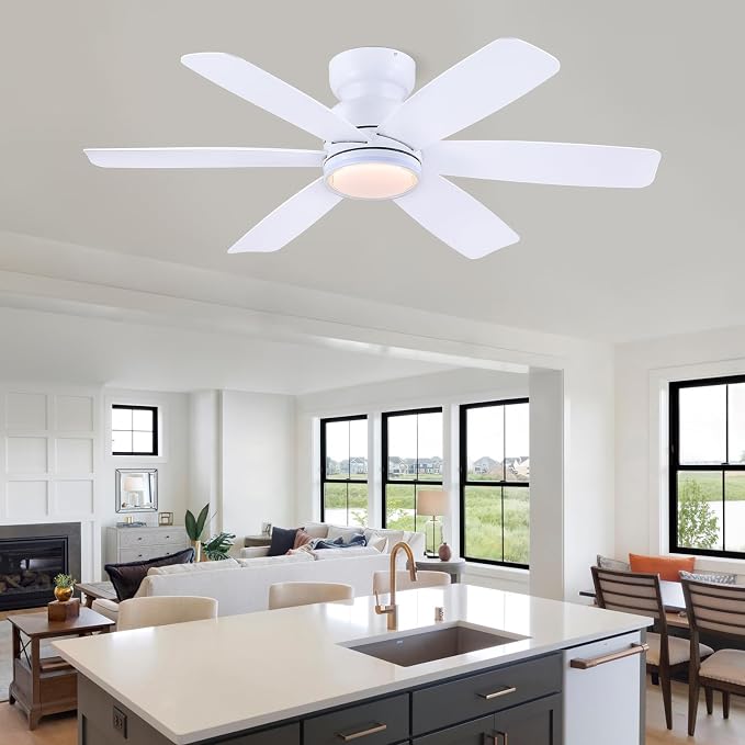 Kviflon 46" Modern Ceiling Fans with RGB Lights Remote/APP Control, Low Profile Flush Mount Ceiling Fan, 6 Reversible Plastic Blades 6 Speeds, RGB + 3 CCT Dimmable Lights for Bedroom Kidsroom, White
