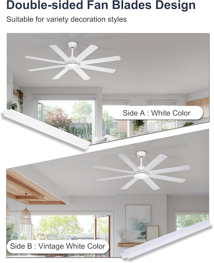 60'' White Ceiling Fan Without Lights for Indoor/Covered Outdoor | Remote/APP Control, 5980 CFM Airflow, Quiet DC Motor, Reversible, 8 Blades Modern Overhead Fan for Sunroom, Screen Porch