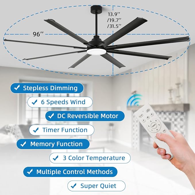 96 Inch Industrial Ceiling Fan with Light and Remote Control, Large Ceiling Fans with 8 Reversible Aluminum Blades, 3CCT, 6-Speed,Commercial Ceiling Fan for Porch/Garage/Shop